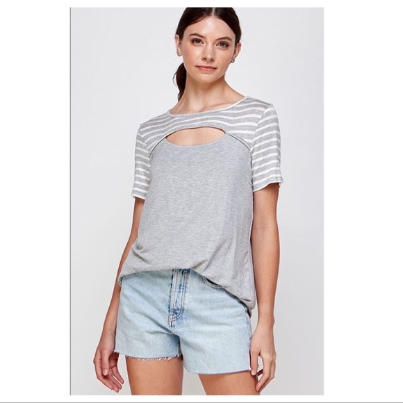 (4)New Heather Gray Short Sleeve Top,Keyhole Front With Striped Contrast Sleeves - Picture 6 of 7